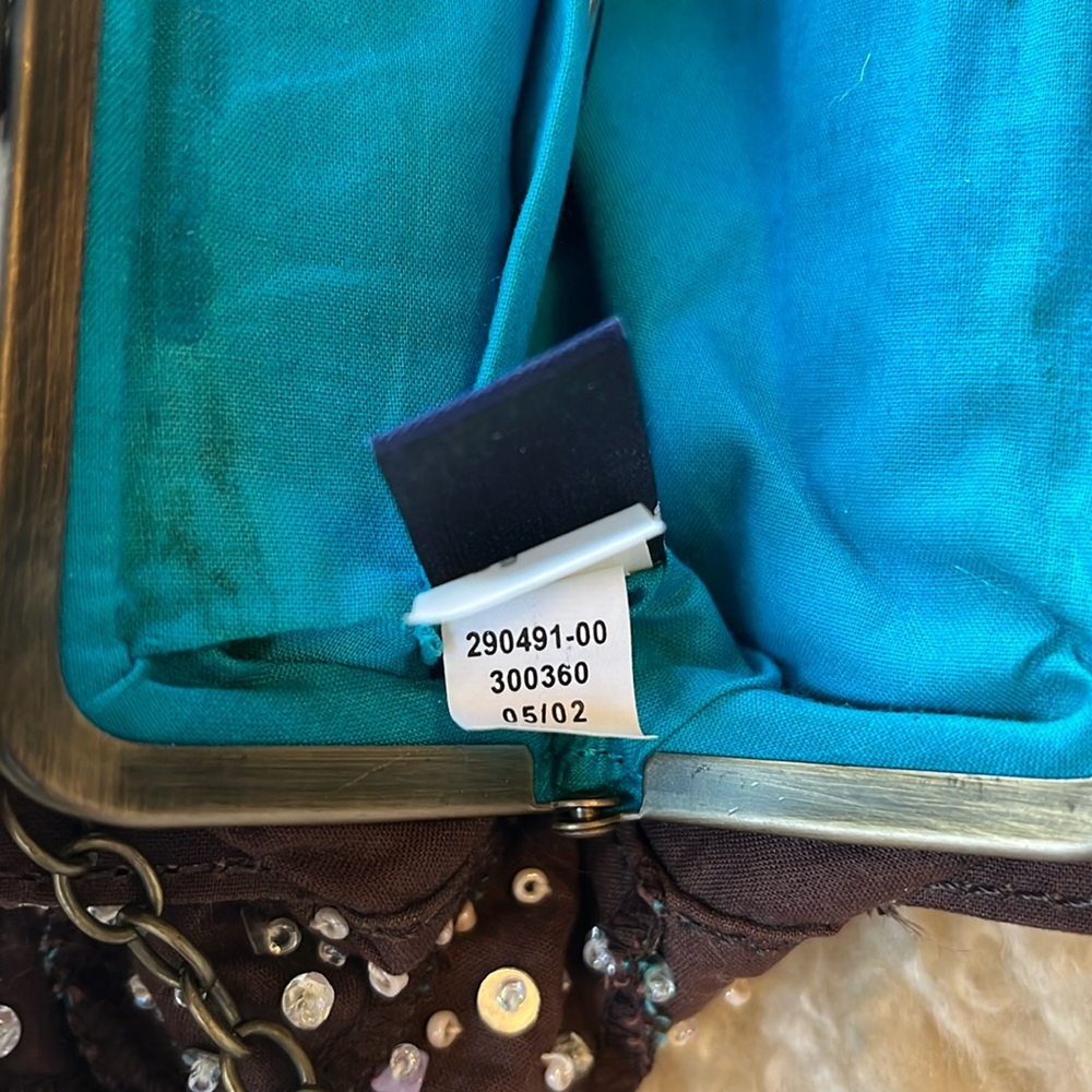 Vintage Gap Brown & Teal wristlet w/sequins & beads gold/brass frame clasp - Picture 11 of 17